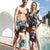 Family Matching Black Green Leaves Printed Swimsuits